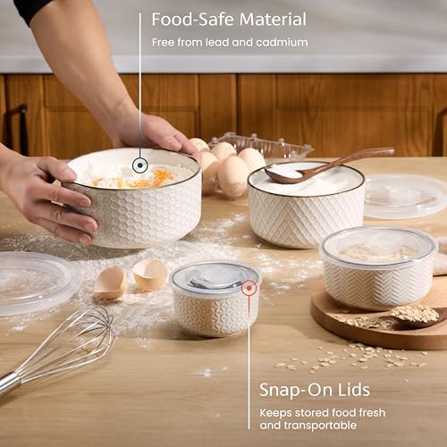 KooK Ceramic Nesting Bowls with Lids Set of 4 - 47 Oz Embossed Stoneware, Ivory