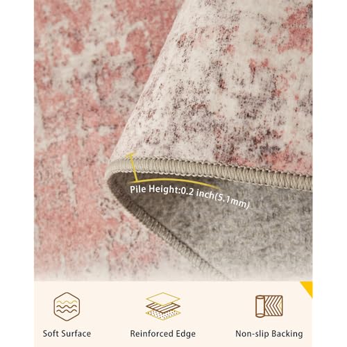 Pink Gray Washable Area Rug 6x9 ft - Vintage Print, Non-Slip, Pet-Friendly