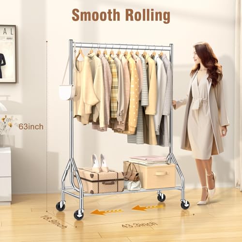 Heavy Duty Rolling Clothes Rack - Silver, 420 LBS Load Capacity, Portable Garment Stand with Lockable Wheels, 63" x 18.9" x 43.3"