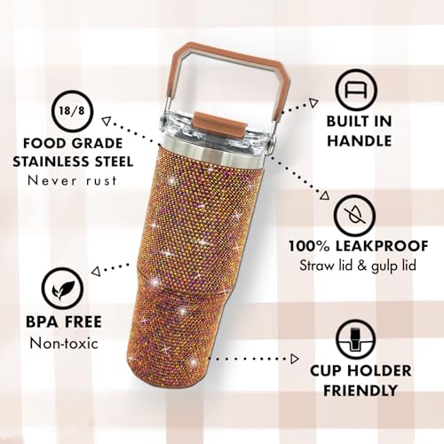 30oz Rhinestone Bling Insulated Travel Tumbler with Handle & Leakproof Lid - Coffee Edition