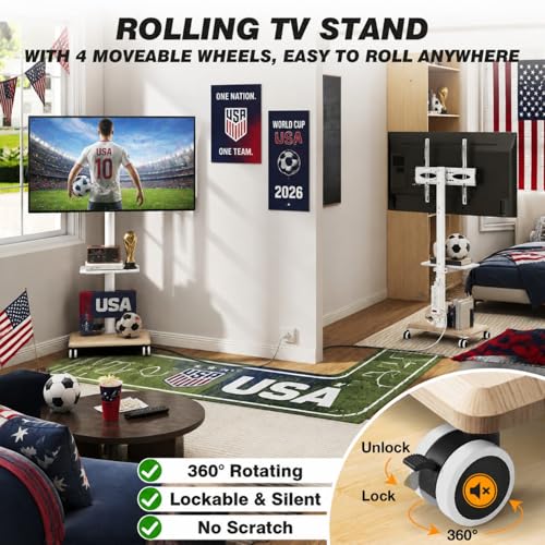 5Rcom White Rolling TV Stand with Power Outlet, Swivel & Height Adjustable for 32-60 Inch TVs