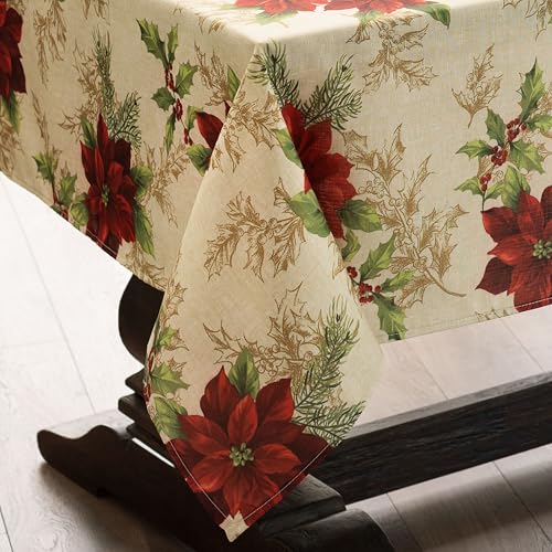 Festive Poinsettia Rectangle Holiday Tablecloth 84x60 in, Multicolor