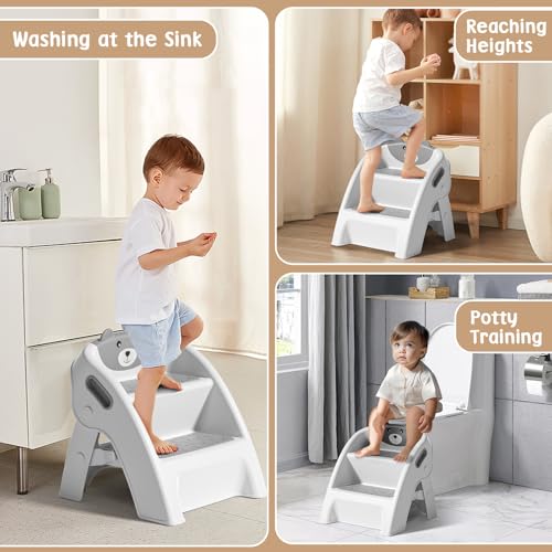 Toddler Step Stool for Bathroom Sink & Potty Training Gray - Anti-Slip & Anti-Tip, 2-Step, Foldable, 10-Second Assembly