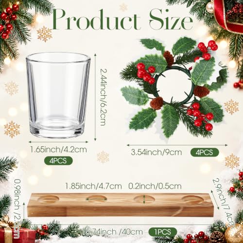 Qunclay Holly Christmas Candle Holder Set - 4 Wreaths & Glass Tea Light Holders