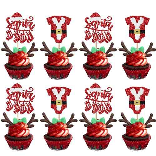 Rsstarxi 24 Pack Santa Baby Cupcake Toppers Glitter Merry Christmas Cupcake Picks Santa Baby Shower Cake Decoration for Gender Reveal Boys Girls Birthday Christmas Party Decorations