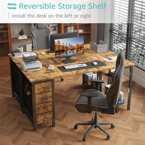 Lufeiya 63 Inch Rustic Brown Computer Desk with Storage Shelves & Fabric Drawers - Home Office Study Table