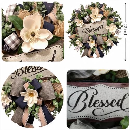 Farmhouse White Floral Wreath for Front Door & Porch Décor, 22in Spring Summer Decor