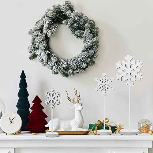 BBTO 3 Pcs Christmas Snowflake Table Decorations Tall Standing Snowflake Wood Sign Block Winter Wooden Xmas Standing Table Sign Christmas Fireplace Decoration for Xmas Party