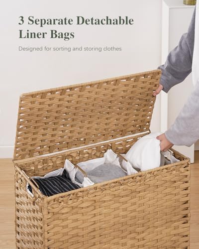 SETVSON 35 Gal Laundry Hamper with Lid, 3-Bag Clothes Sorter, Natural Rattan Finish