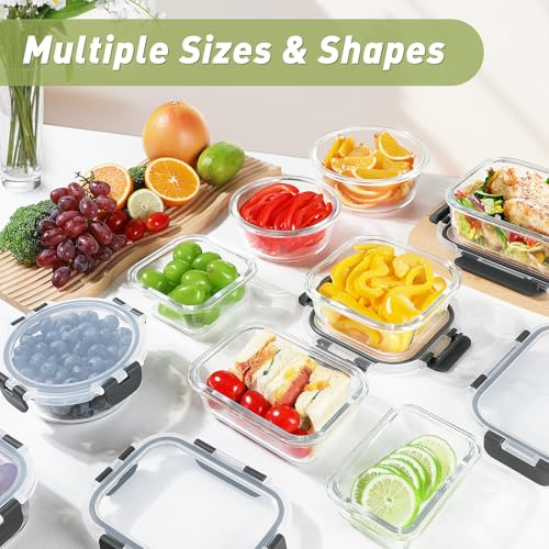 BAYZZ 15-Pack Gray Glass Food Storage Containers Set with Airtight Lids