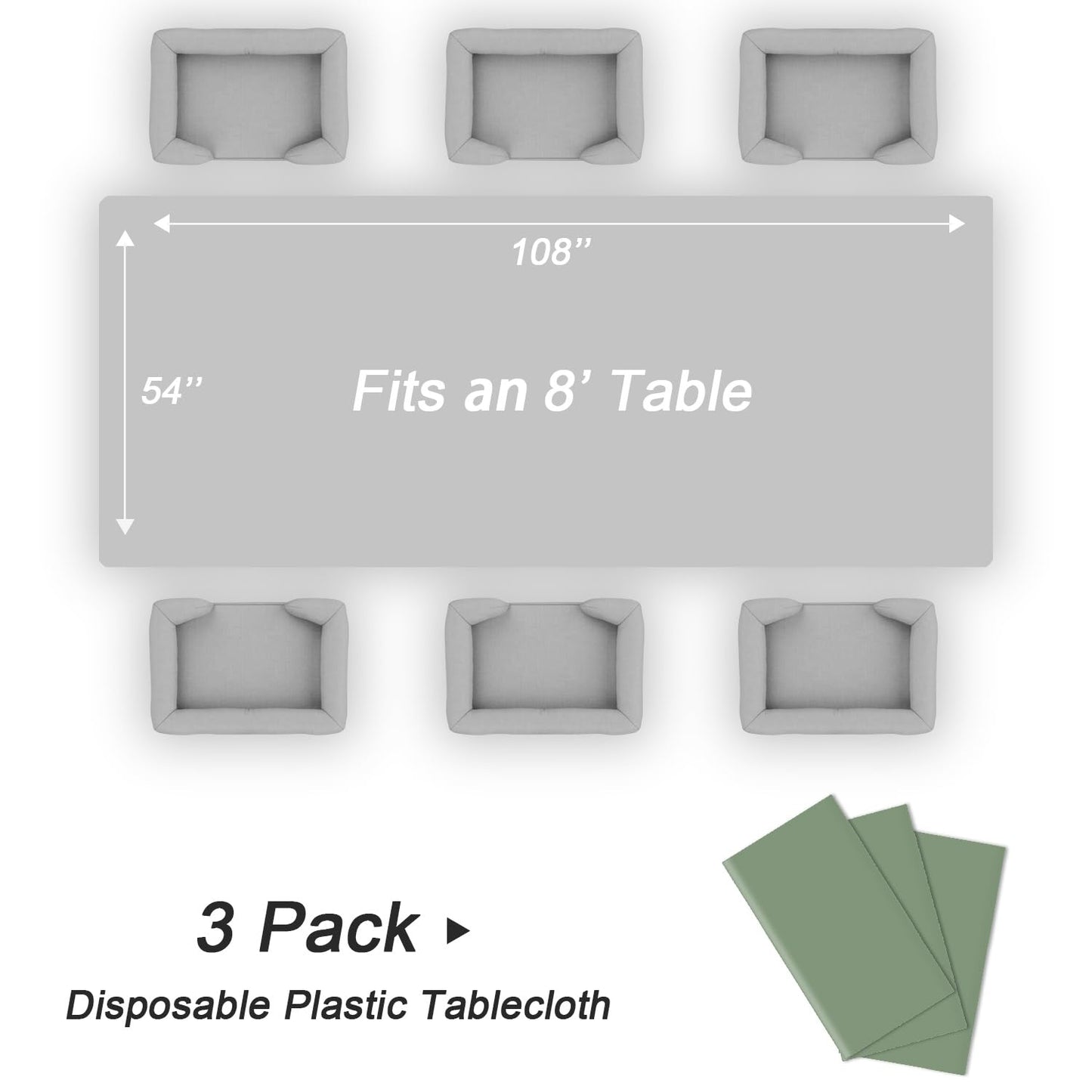 QIKSION Sage Green Plastic Table Cloth Disposable 3 Pack, 54 x 108 Inch Tablecloths for Baby Shower Birthday Bridal Wedding Party Decorations, Rectangle Table Cover