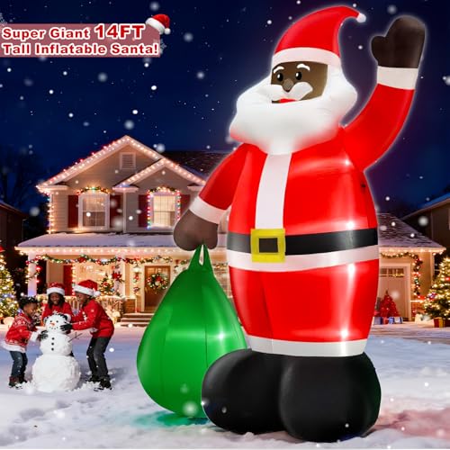 TURNMEON 14 Ft Black Santa Inflatable with Gift Bag, Built-in LEDs - African American Xmas Yard Decoration