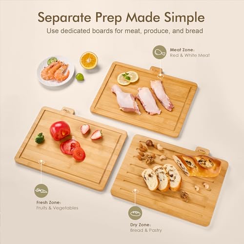 Natural Bamboo Cutting Board Set with Holder - Extra Large Kitchen Chopping Boards, 3 Piece