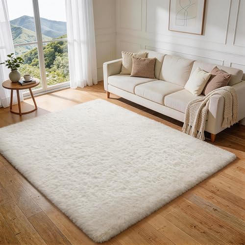 Ophanie Ivory 5x8 Shag Area Rug Non-Slip Fluffy Plush Carpet for Living Room & Bedroom