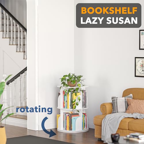 2-Tier Rotating Bookshelf Tower - 25.6 Inch White Spinning Bookcase Lazy Susan