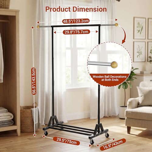 1-Tier Retractable Garment Rack - 56.7 Inches Tall Clothing Organizer with Lockable Wheels