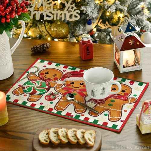 Artoid Mode Gingerbread Candy Cane Christmas Placemats Set of 4, 12x18 Inch Seasonal Table Mats for Party Kitchen Dining Decoration
