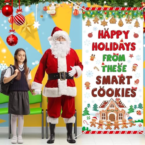 Christmas Gingerbread Door Cover Banner for Classroom, 79 x 35 in with Rope