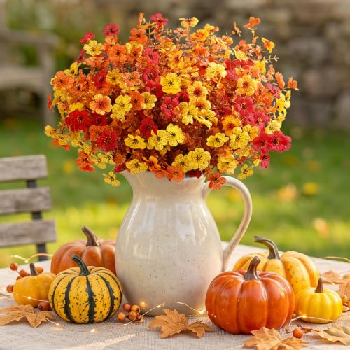 Artificial Fall Flowers for Outdoor Garden Decor - Sunset Orange, 36 Bundles