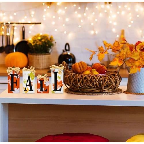 Gift Boutique Thanksgiving Fall Table Block Set of 4 Autumn Wooden Signs Blocks for Tiered Tray Tabletop Centerpieces Mantle & Home Office Decorations