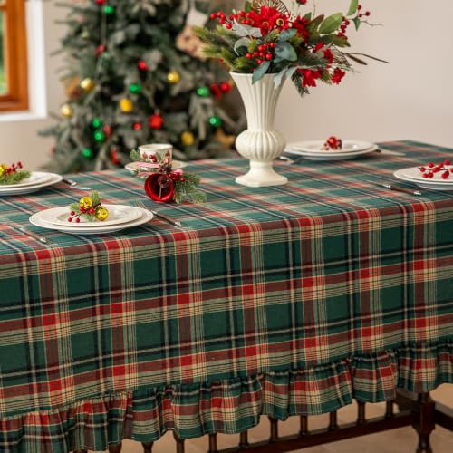 Green Plaid Christmas Ruffled Cotton Blend Tablecloth 60x120" Rectangle
