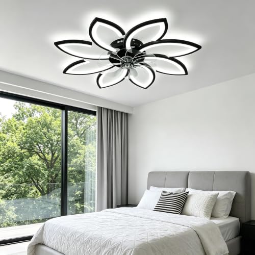 Black 35-inch Ceiling Fan with Lights Remote Control Low Profile Flush Mount