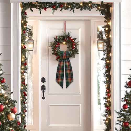 Christmas Wreath Sash for Front Door, Green Red Plaid Burlap Ribbon Sash Xmas Holiday Wreath Accessories for Thanksgiving New Year Decorations