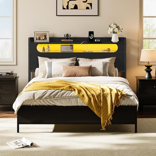 Queen Size Headboard with Storage, Charging Station & LED Light - Black