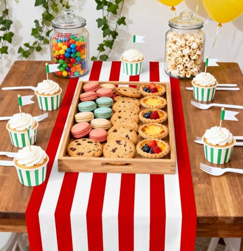 Red Striped Disposable Table Runner - Pack of 12, 14x108 Inch for Party & Wedding