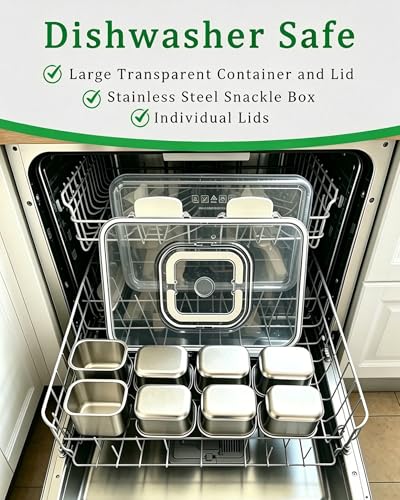 Stainless Steel Snackle Box with Ice Pack - 8-Compartment Large Travel Snack Tray, Silver White
