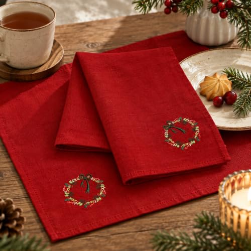 SmoothNovelty 6 Pcs Christmas Wreath Linen Napkins - Red Embroidered 18x18