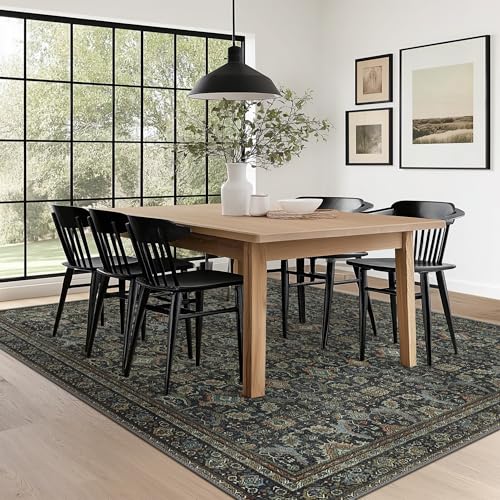 Black 8x10 Washable Area Rug for Living Room, Vintage Boho Non-Slip