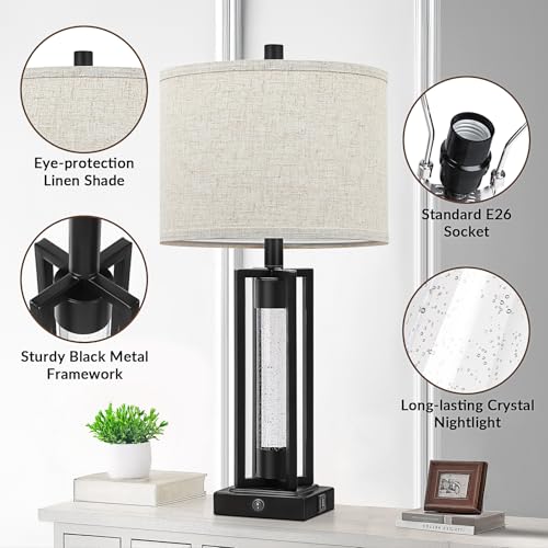 Set of 2 Farmhouse Table Lamps with Crystal Night Light, Black, 26 Inches - Includes USB Charging Ports