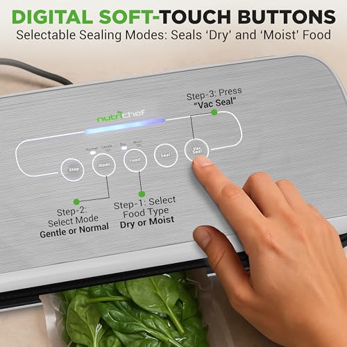 NutriChef Silver Food Vacuum Sealer Machine - 14.1 x 6 x 3 Inch, Automatic Air Sealing for Dry & Moist Foods