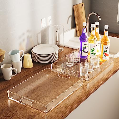 2 Pack Large Clear Acrylic Serving Trays with Handles - 16x12 Inches