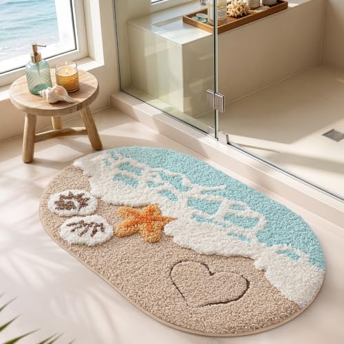 LUMI Blue Beach Bathroom Rug 22x34 Inch Microfiber Absorbent Bath Mat