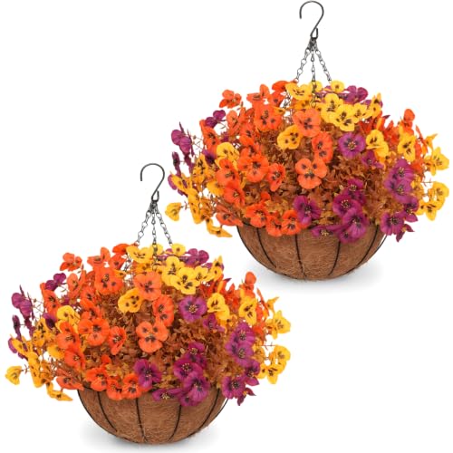 Fall Pansy Artificial Hanging Flower Baskets for Outdoor Autumn Decor - 2 Pack