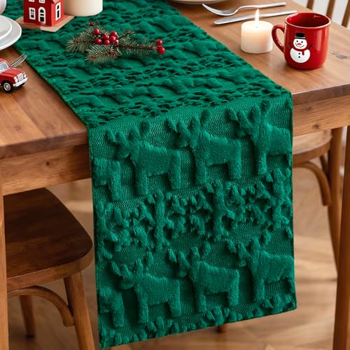 OTOSTAR Snowflake & Elk 13x108in Plush Faux Fur Table Runner, Green