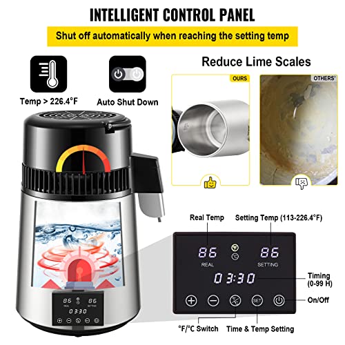 Water Distiller with Timing & Dual Temperature Display - 304 Stainless Steel, 0.3 Gal/H, 1.1 Gal Capacity, Glass Carafe, 3 Carbon Bags