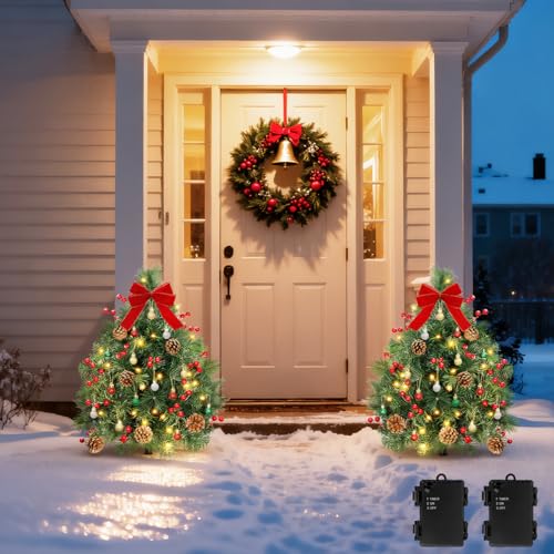 Lewondr Emerald Prelit Pathway Christmas Trees Set of 2, 27.56inch Outdoor Decor with LED Lights