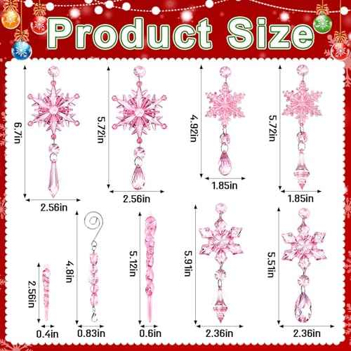 FEBSNOW Christmas Tree Ornaments, 16pcs Light Pink Acrylic Snowflake Ornaments Christmas Hanging Decorations Icicle Snowflake Pendants for Christmas Tree Frozen Themed Winter Wonderland Party Decor