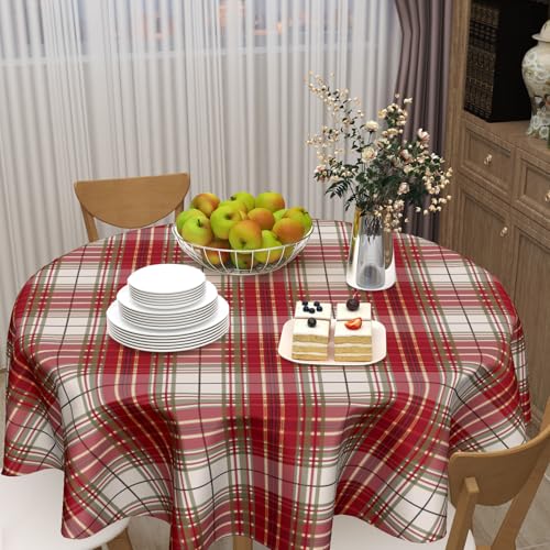 Ancordivo Xmas Plaid Round Tablecloth 60 Inch Red Green Holiday Checkered Dining Cover