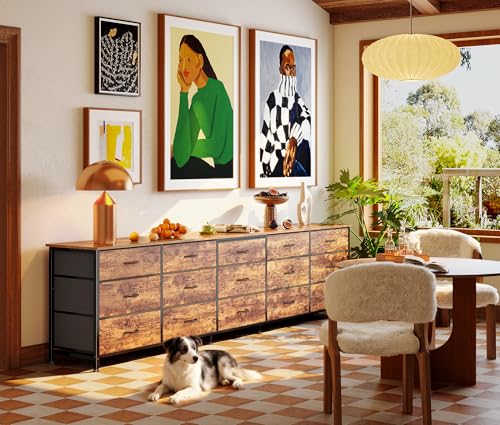 Huuger 86.6-Inch Long Dresser with 15 Drawers - Rustic Brown for Bedroom & Living Room