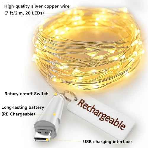 Fairy Lights USB Rechargeable Battery Operated, 7ft 20 LED String Lights Indoor for Bedroom Mason Jars Wedding Table Centerpieces Decorations Christmas Party Decor(Warm, 3 Pack)