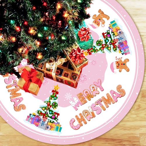 Pink Gingerbread Christmas Tree Skirt 48 Inch Holiday Decor for Living Room