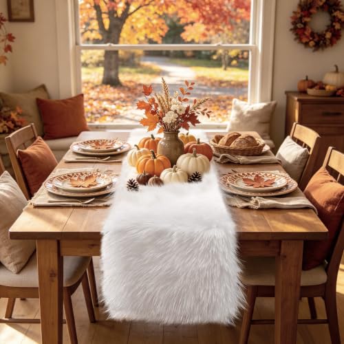 White Fur Short Table Runner 48 Inch Fluffy Dresser Cover - Tiosggd
