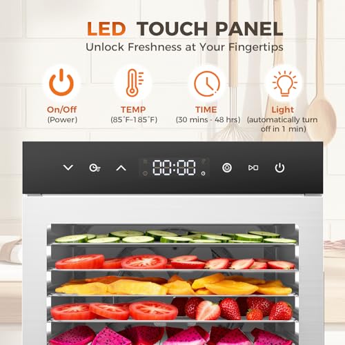 Food Dehydrator Machine 500W with 8 Stainless Steel Trays, 185°F Temp & 24H Timer - Bright Silver / 16.7x13.5x13.5 in