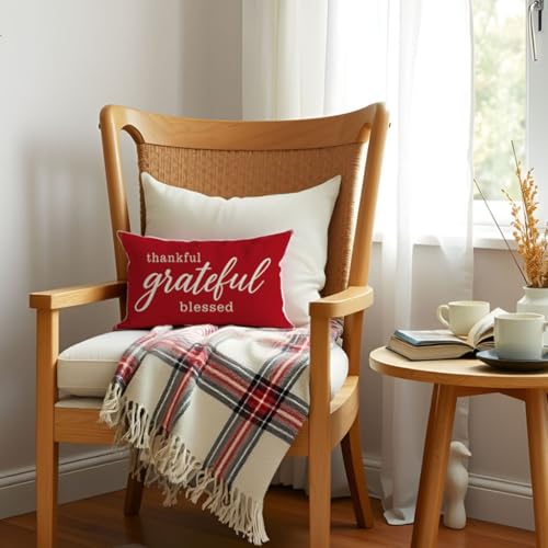 PANDICORN 12x20 Crimson Red Decorative Throw Pillow Cover - Thankful Farmhouse Style