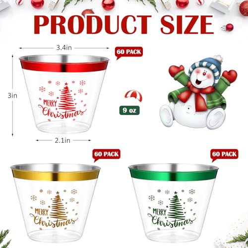 Jingmore 180 Pack Christmas 9oz Plastic Cups - Red, Green, Gold Holiday Party