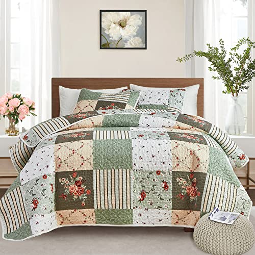 Patchwork Quilt Set Full/Queen Green Floral Plaid Bedspread 3 Pieces - Reversible Lightweight Microfiber Summer Bed Coverlet - Queen 90"x90" Variation of THIS listing